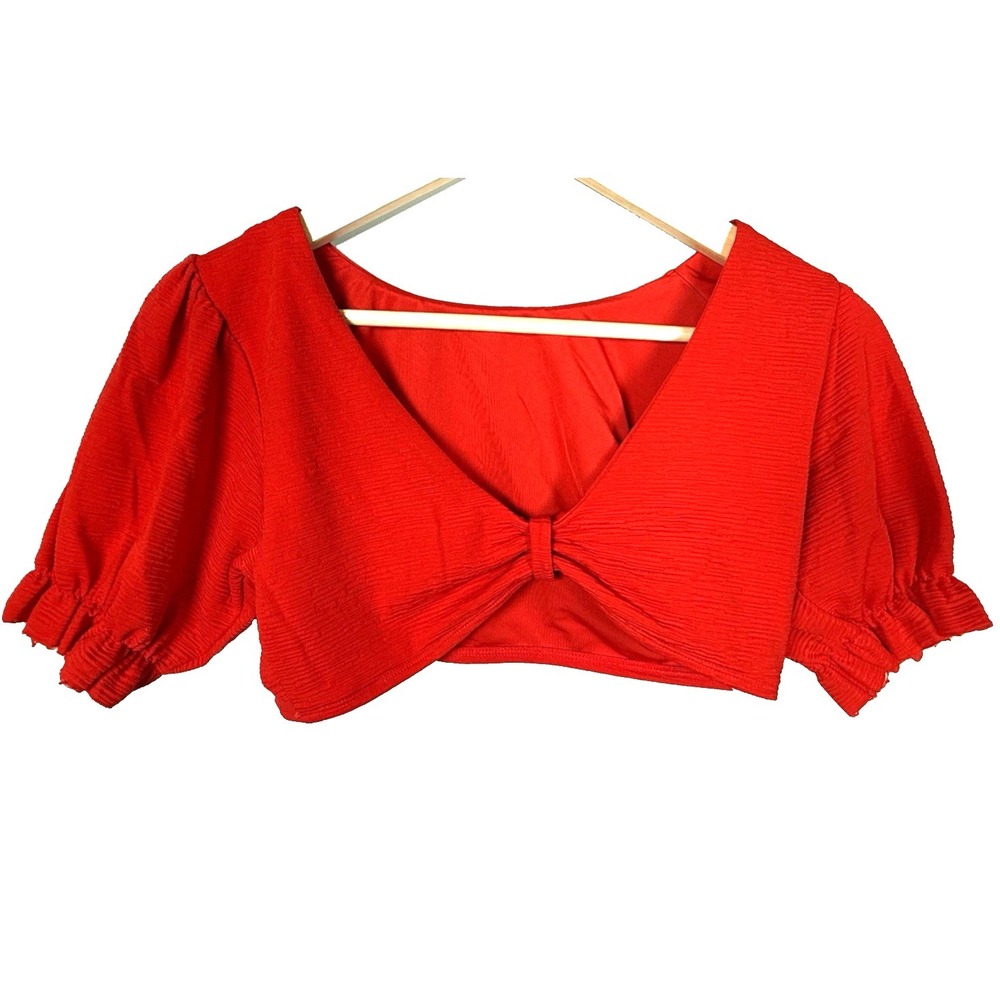 BCBGMAXAZRIA Red Ruched V-Neck Puff Sleeve Crop Top Blouse - Women's Size‎ 6